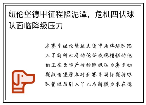 纽伦堡德甲征程陷泥潭，危机四伏球队面临降级压力