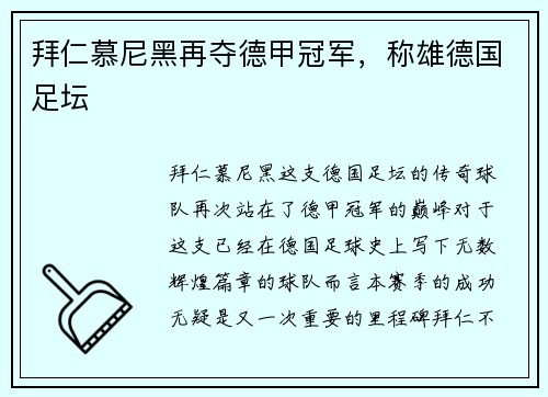 拜仁慕尼黑再夺德甲冠军，称雄德国足坛
