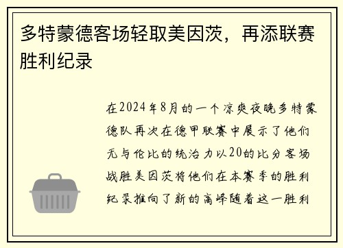多特蒙德客场轻取美因茨，再添联赛胜利纪录