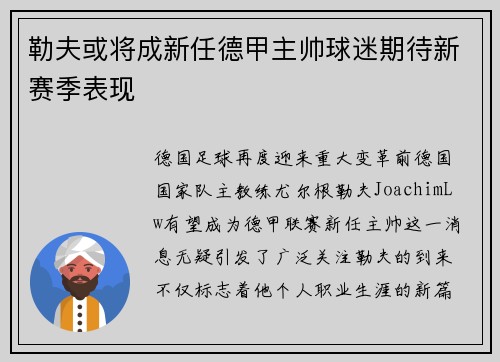勒夫或将成新任德甲主帅球迷期待新赛季表现