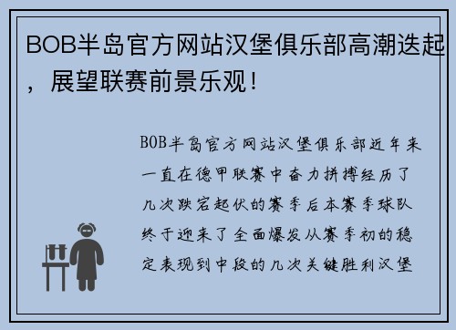 BOB半岛官方网站汉堡俱乐部高潮迭起，展望联赛前景乐观！