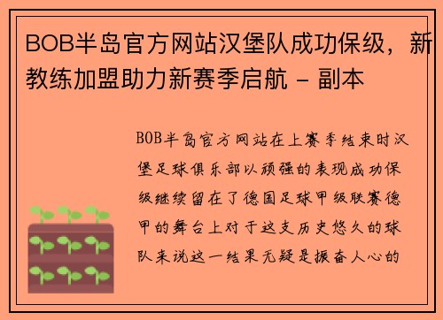 BOB半岛官方网站汉堡队成功保级，新教练加盟助力新赛季启航 - 副本