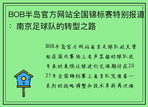 BOB半岛官方网站全国锦标赛特别报道：南京足球队的转型之路