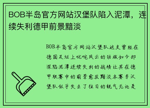 BOB半岛官方网站汉堡队陷入泥潭，连续失利德甲前景黯淡